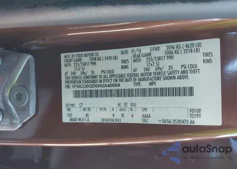 2017 Ford Escape Se z USA, uszkodzony, nr VIN 1FMCU0GD0HUA40668